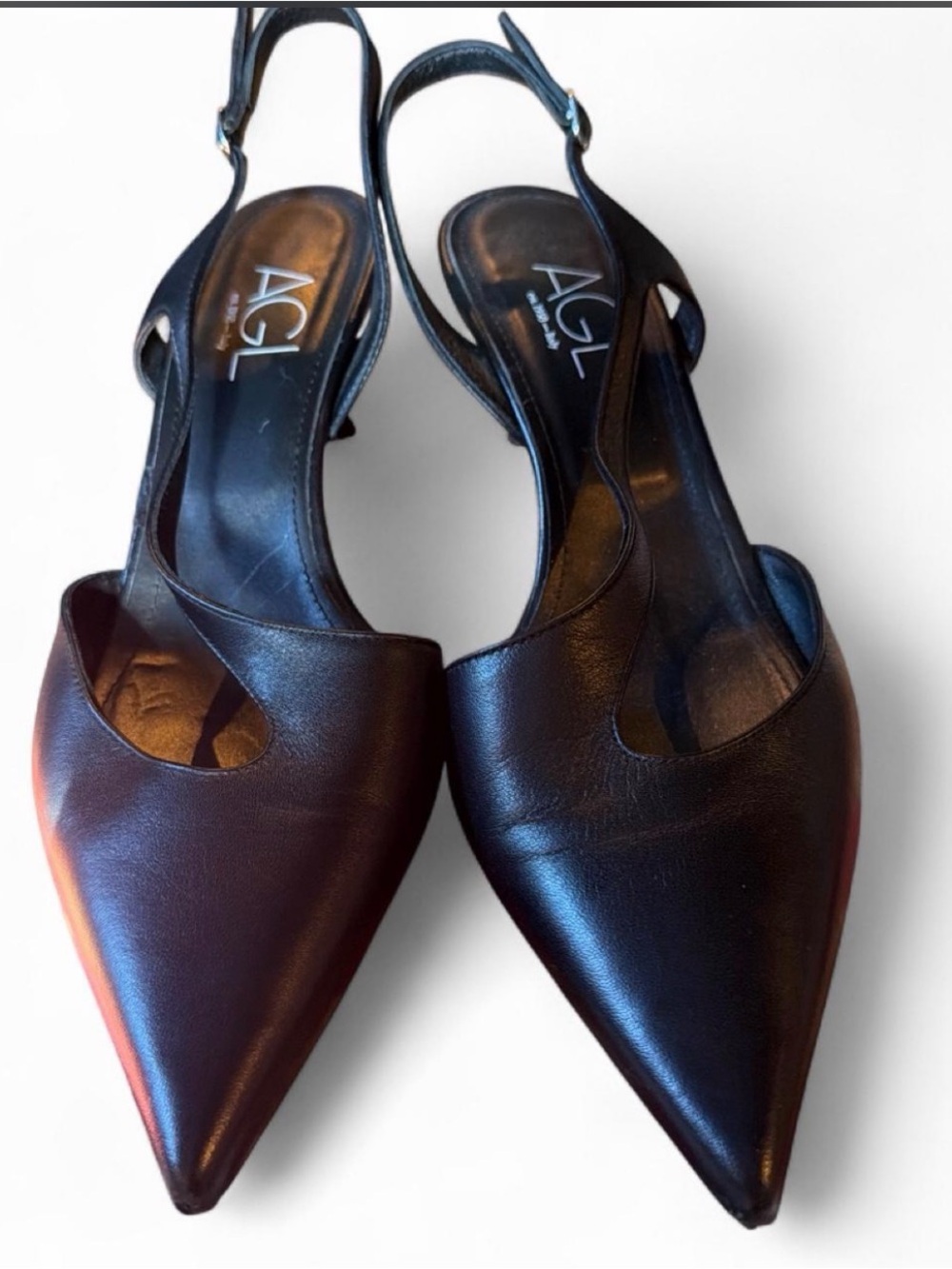 AGL black leather pointed toe slingback pumps with sculpted heel